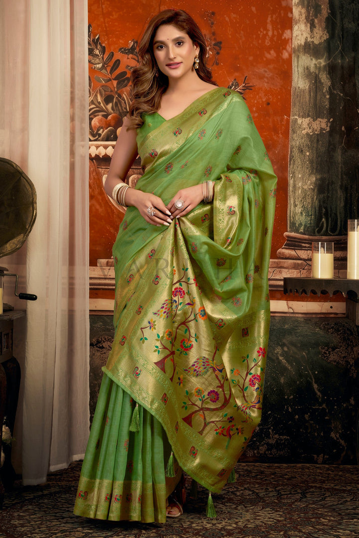 Light Green Tissue Paithani Saree with Zari Border &amp; Peacock Motifs