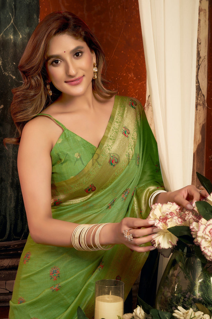 Light Green Tissue Paithani Saree with Zari Border &amp; Peacock Motifs