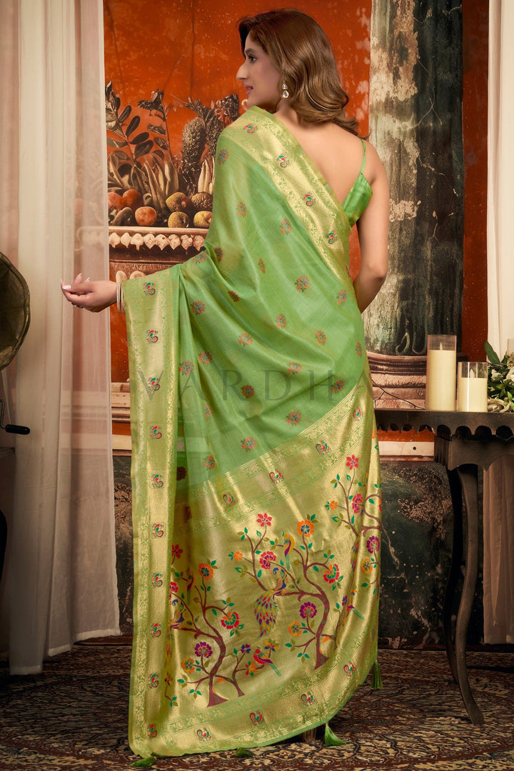 Light Green Tissue Paithani Saree with Zari Border &amp; Peacock Motifs