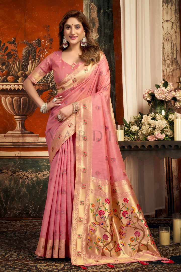 Rose Pink Tissue Paithani Saree with Zari Border &amp; Peacock Motifs