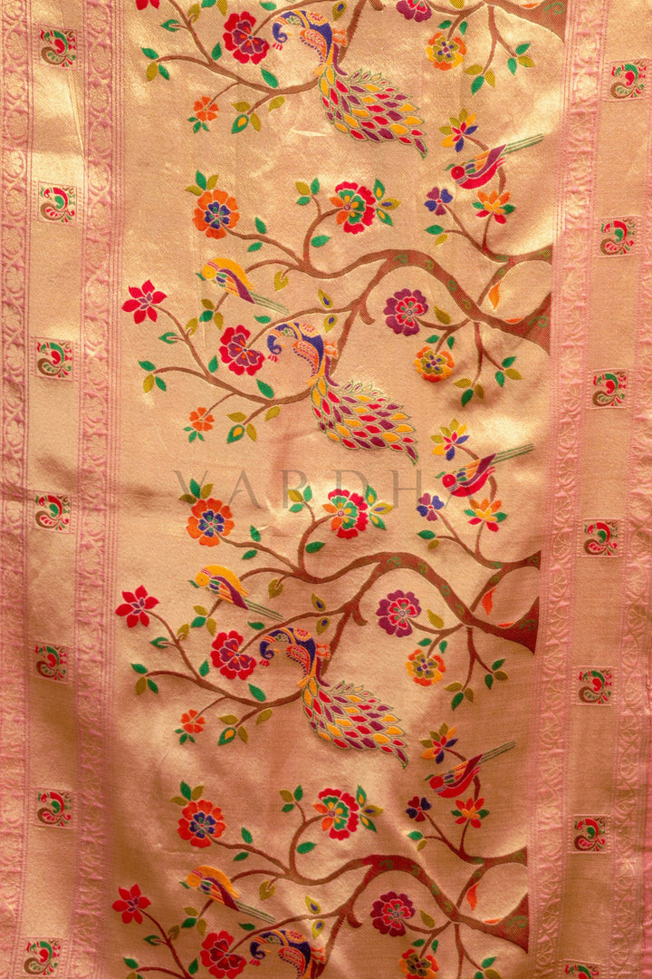 Rose Pink Tissue Paithani Saree with Zari Border &amp; Peacock Motifs
