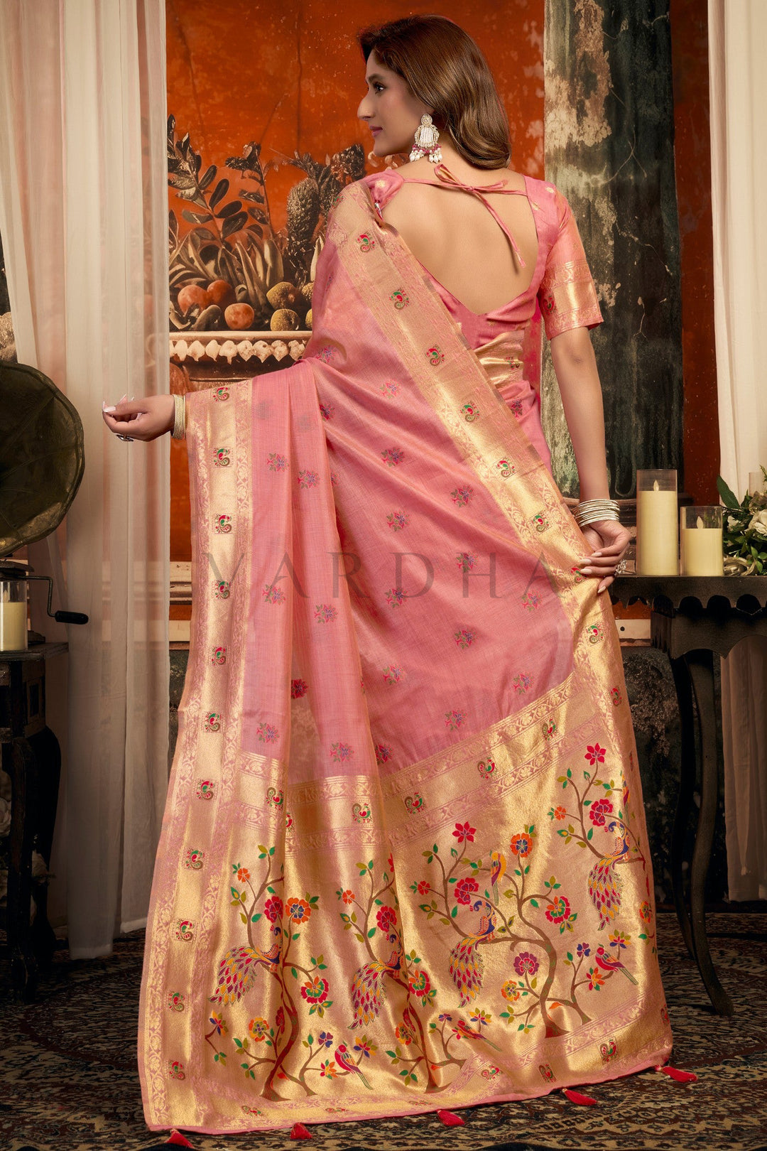 Rose Pink Tissue Paithani Saree with Zari Border &amp; Peacock Motifs