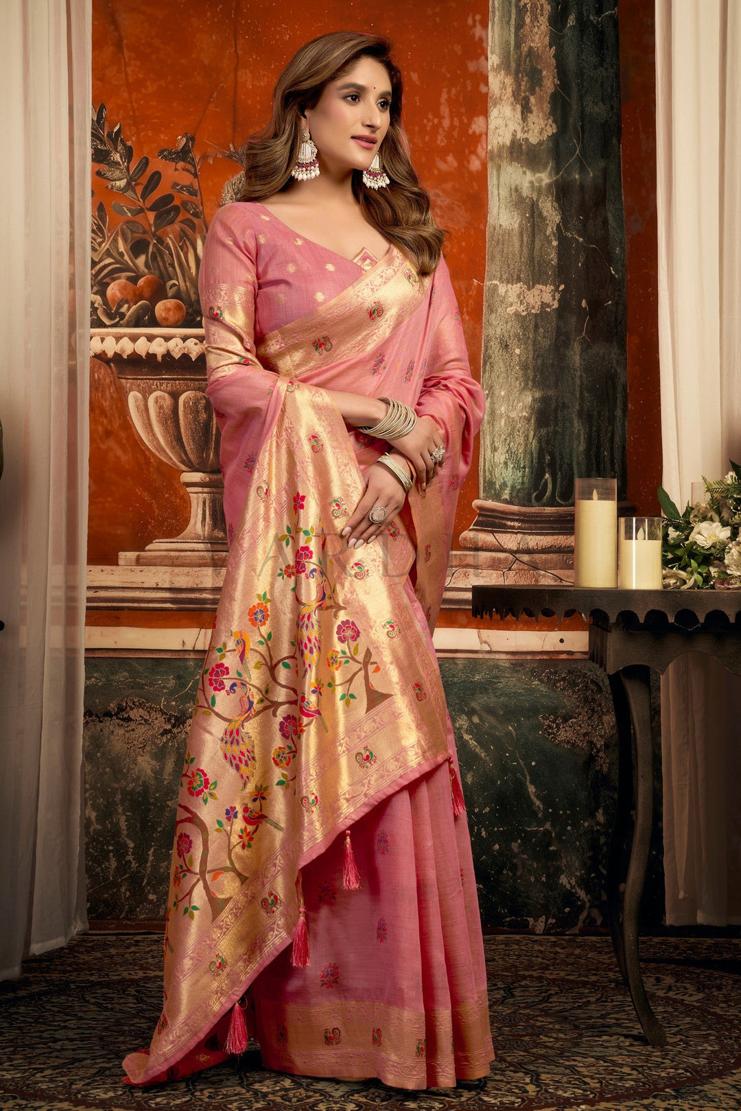 Rose Pink Tissue Paithani Saree with Zari Border &amp; Peacock Motifs