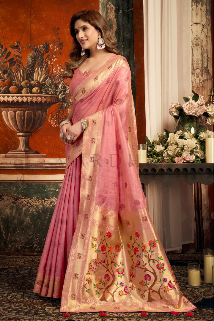 Rose Pink Tissue Paithani Saree with Zari Border &amp; Peacock Motifs