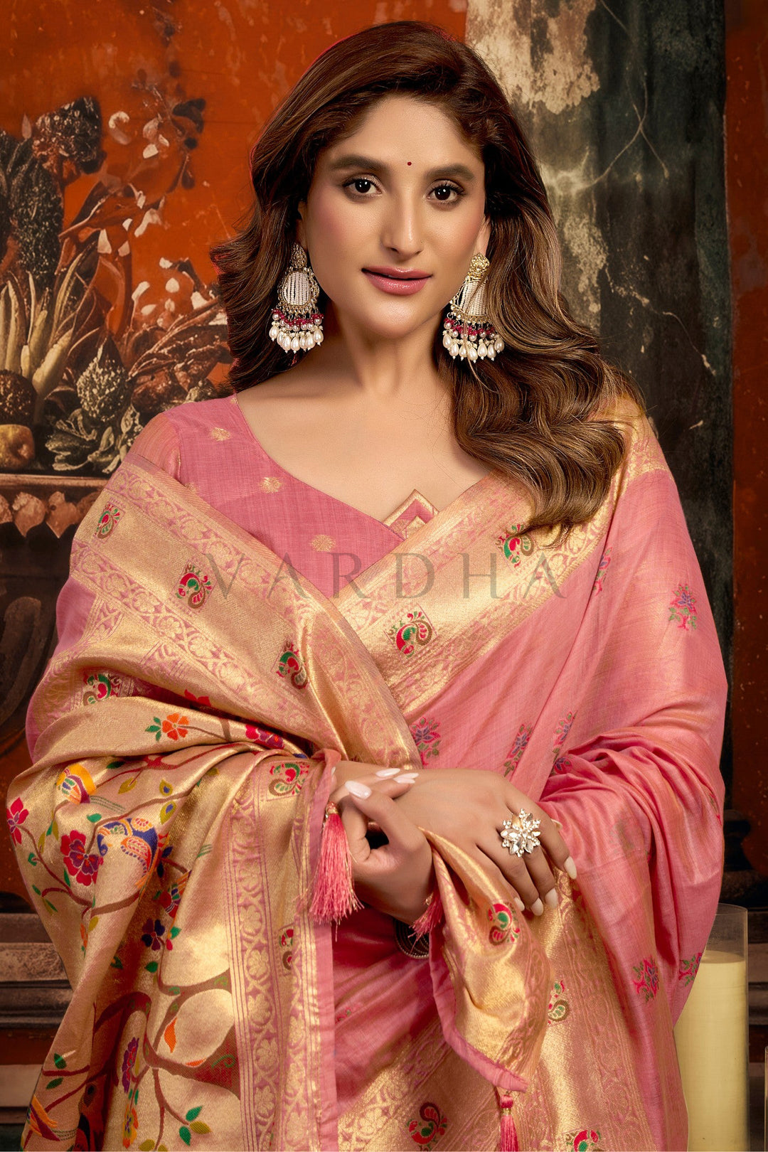Rose Pink Tissue Paithani Saree with Zari Border &amp; Peacock Motifs