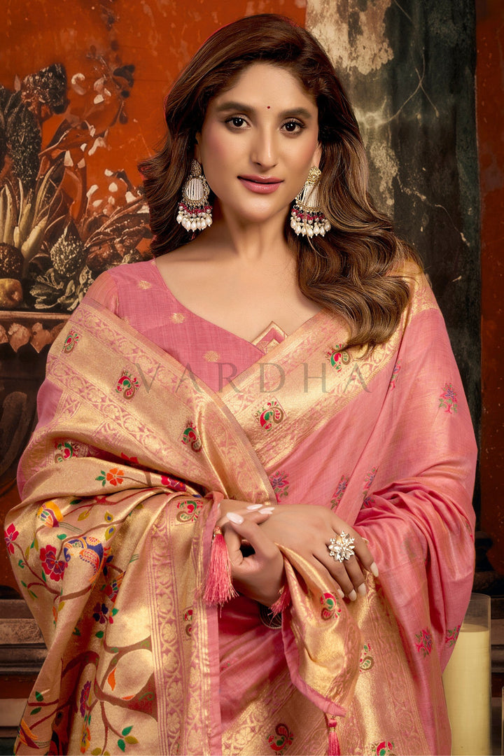Rose Pink Tissue Paithani Saree with Zari Border &amp; Peacock Motifs