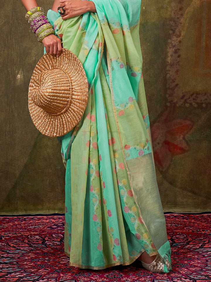 Green-Blue Lightweight Cotton Saree with Printed Design