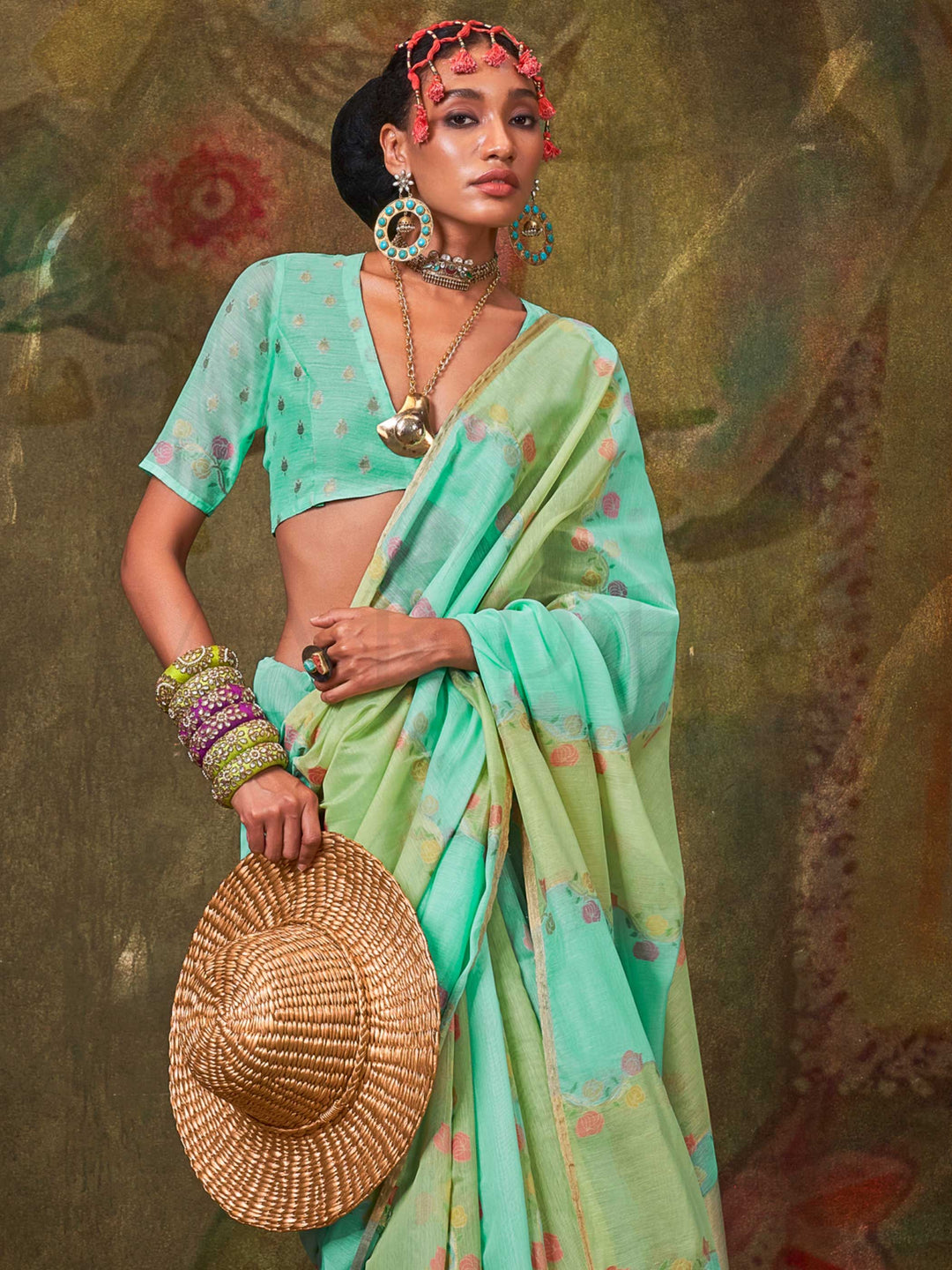 Green-Blue Lightweight Cotton Saree with Printed Design