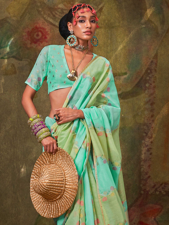 Green-Blue Lightweight Cotton Saree with Printed Design