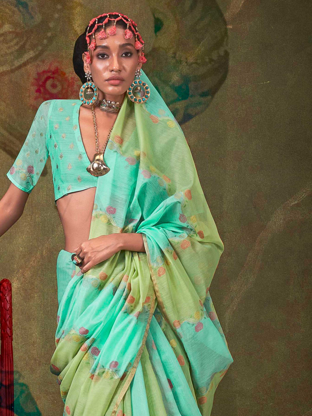 Green-Blue Lightweight Cotton Saree with Printed Design
