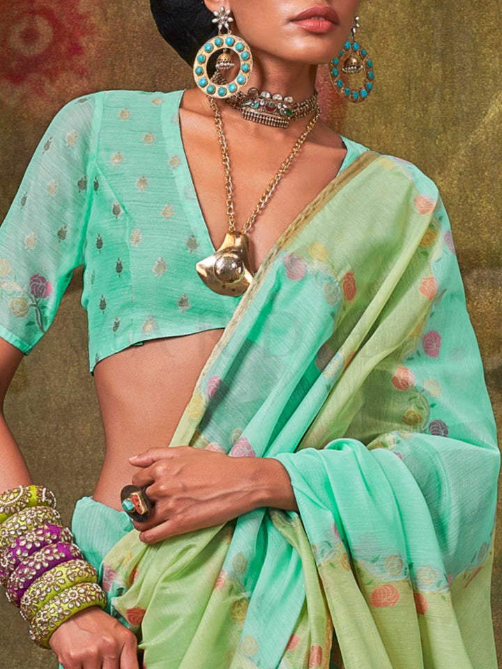 Green-Blue Lightweight Cotton Saree with Printed Design