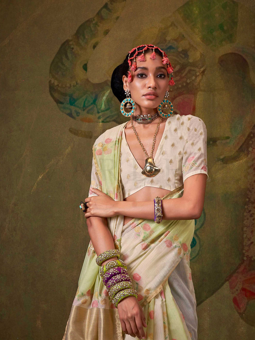 Ivory Mint Lightweight Cotton Saree with Printed Design