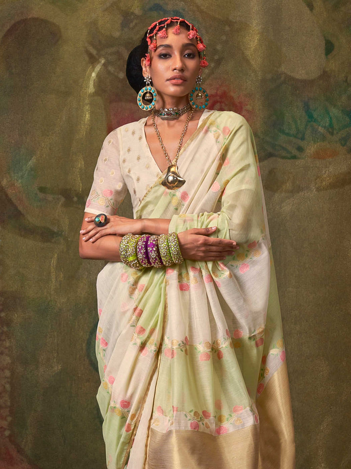 Ivory Mint Lightweight Cotton Saree with Printed Design