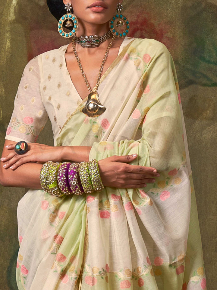 Ivory Mint Lightweight Cotton Saree with Printed Design