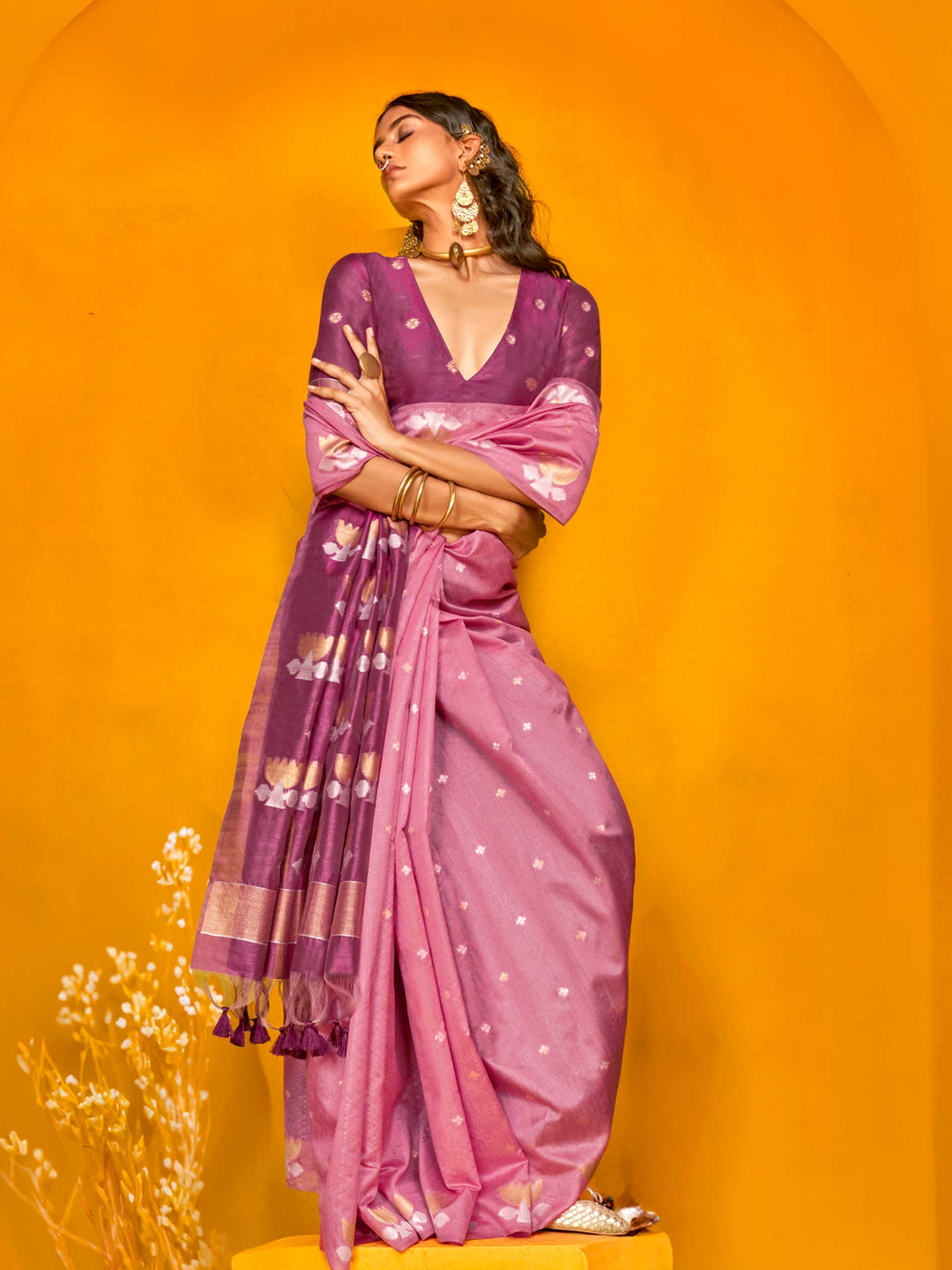 Banarasi Sarees Silk Sarees Pink Haldi Mehendi Festive Pink Krystal Lotus Rose Pink Grape Purple