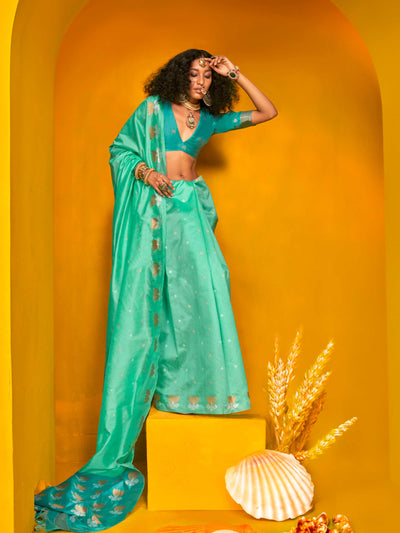 Banarasi Sarees Silk Sarees Green Haldi Mehendi Festive Green Krystal Lotus Green Teal Blue