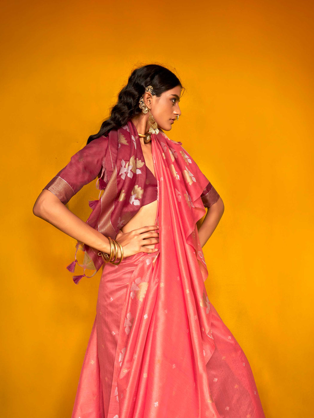 Banarasi Sarees Silk Sarees Pink Haldi Mehendi Festive Pink Krystal Lotus Pink Wine Red