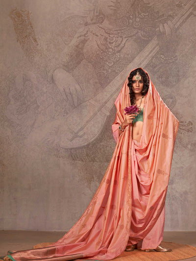 Banarasi Sarees Satin Silk Sarees Grey Traditional Wedding Wedding Coral Kirtan Peach Coral Gold Green