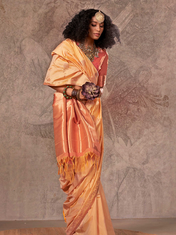 Banarasi Sarees Satin Silk Sarees Yellow Traditional Wedding Wedding Yellow Kirtan Yellow Warm Peach