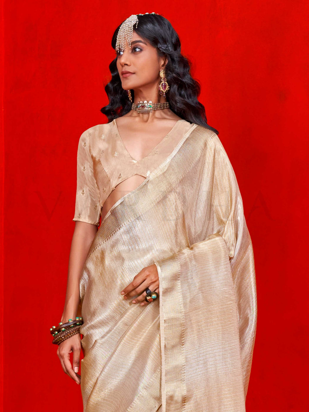 Ivory Cream Banarasi Tissue Silk Saree with Viscose Zari Weave