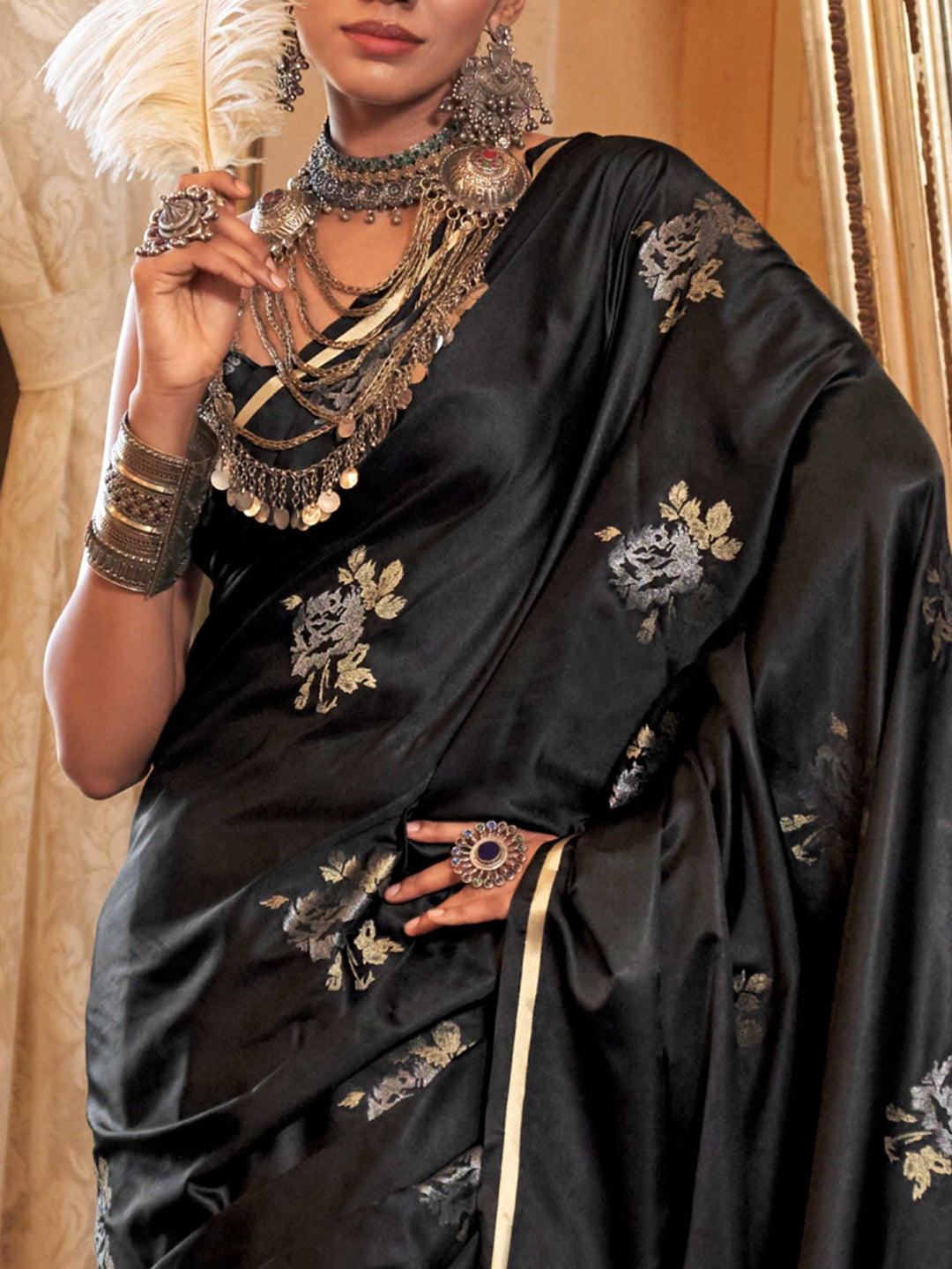 Black Satin Silk Saree with Woven Zari Work
