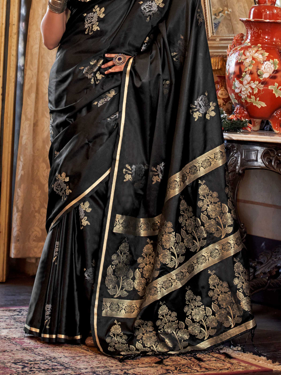 Black Satin Silk Saree with Woven Zari Work