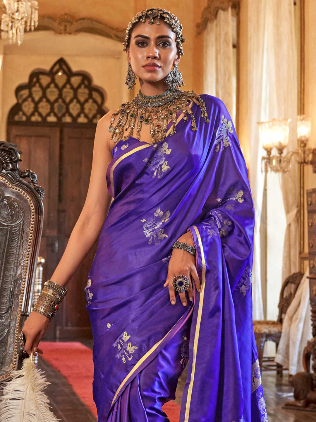 Violet Orchid Satin Silk Saree with Woven Zari Work