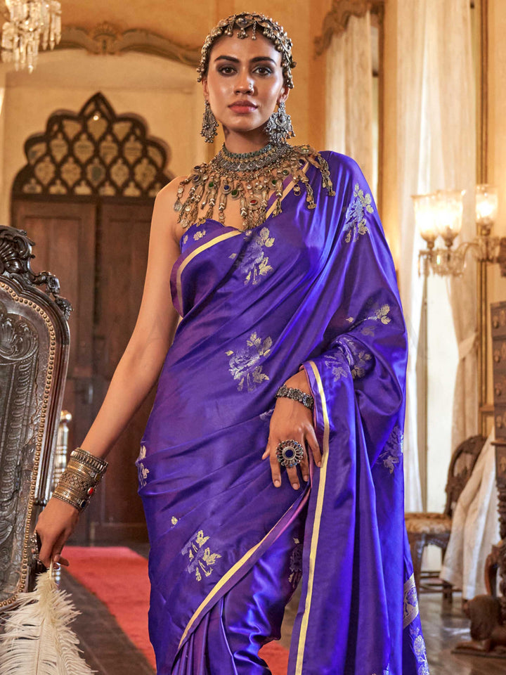 Violet Orchid Satin Silk Saree with Woven Zari Work