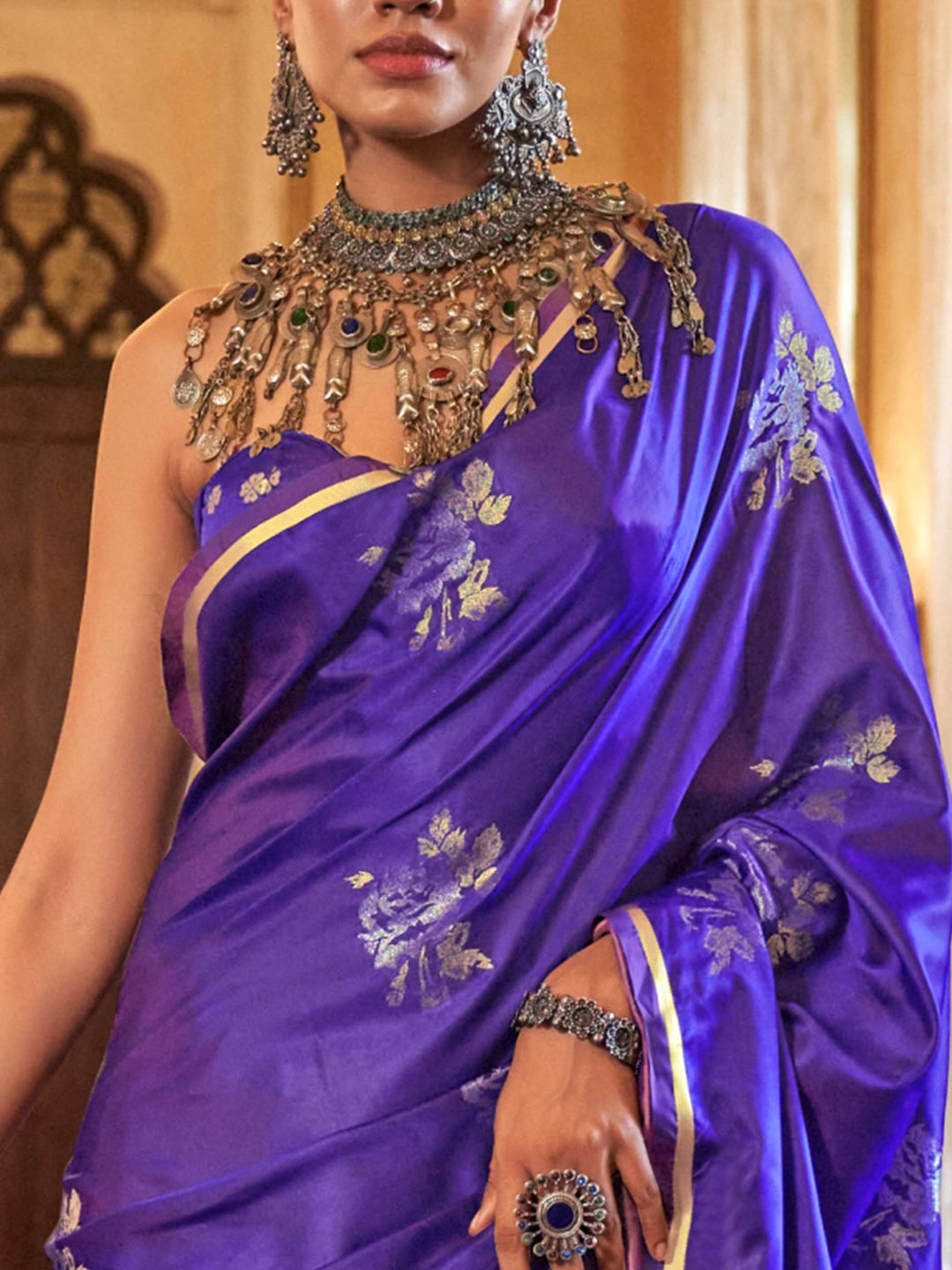 Violet Orchid Satin Silk Saree with Woven Zari Work
