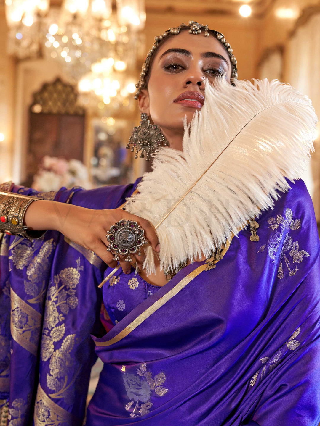 Violet Orchid Satin Silk Saree with Woven Zari Work