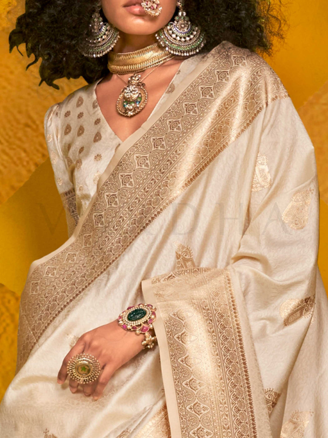Ivory Cream Satin Silk Saree with Woven Zari Work
