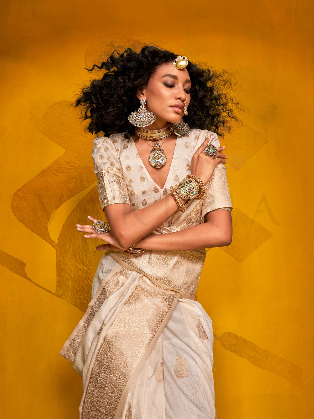 Ivory Cream Satin Silk Saree with Woven Zari Work