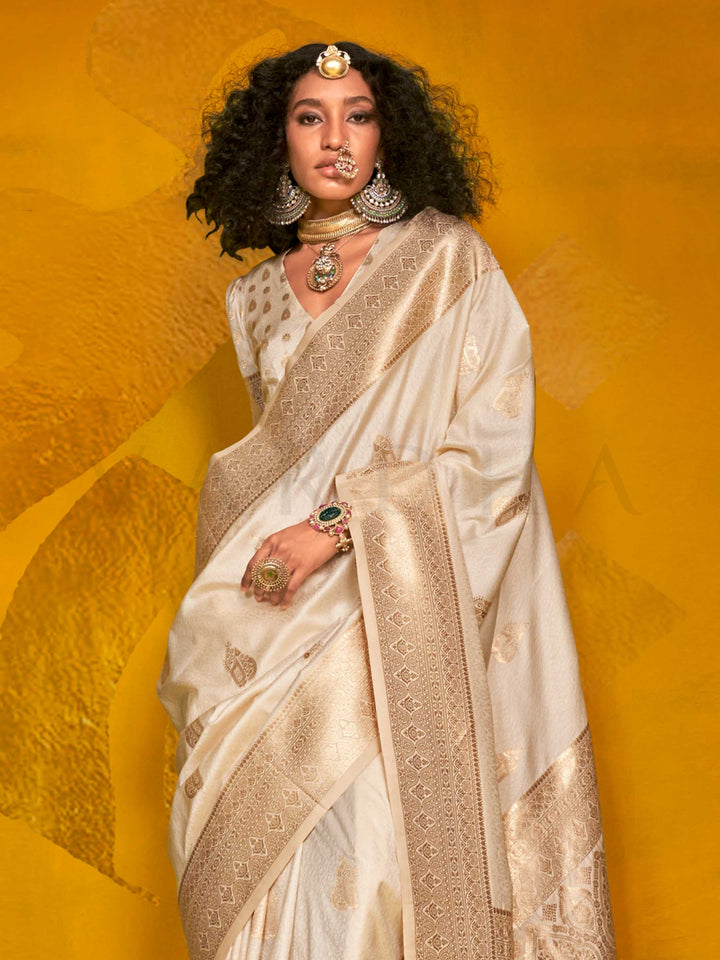 Ivory Cream Satin Silk Saree with Woven Zari Work