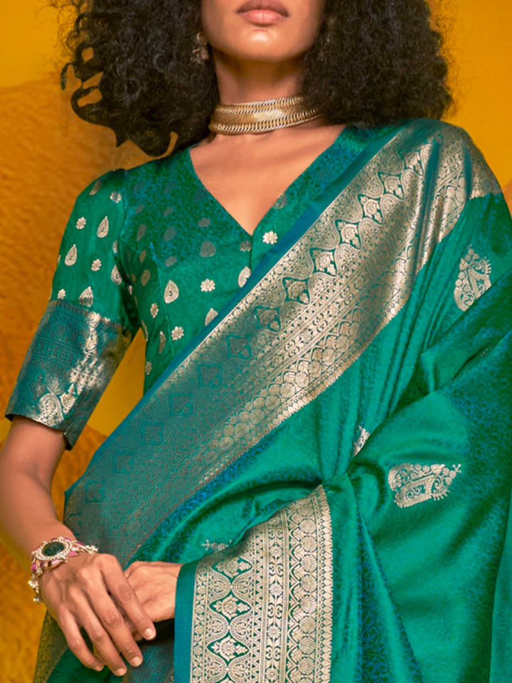 Peacock Green Satin Silk Saree with Woven Zari Work
