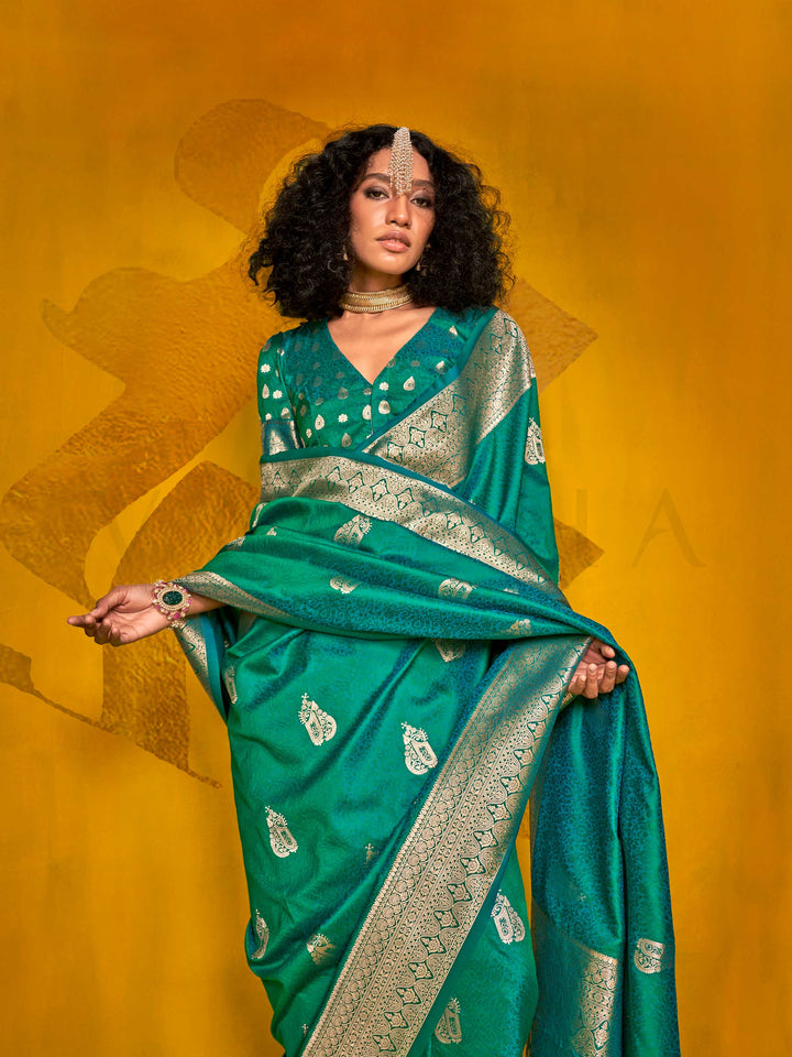 Peacock Green Satin Silk Saree with Woven Zari Work