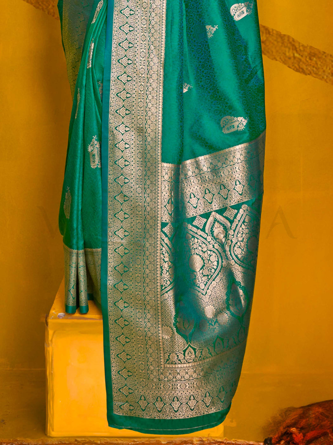 Peacock Green Satin Silk Saree with Woven Zari Work