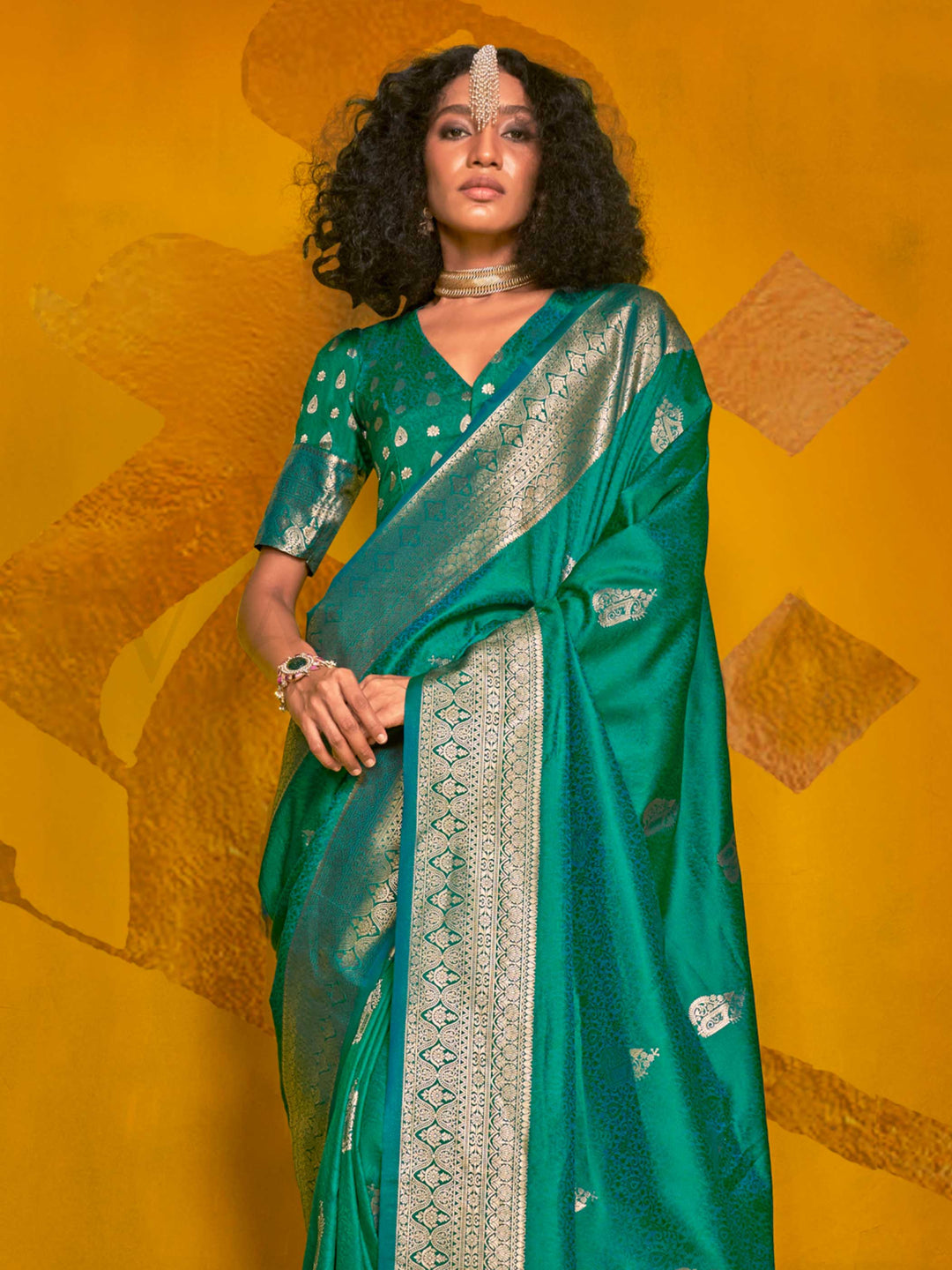 Peacock Green Satin Silk Saree with Woven Zari Work