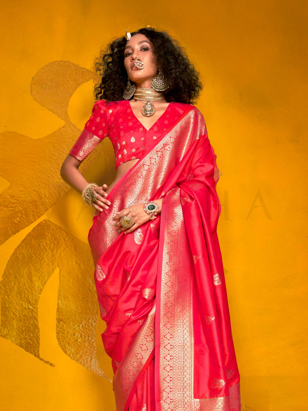 Hot Pink Satin Silk Saree with Woven Zari Work