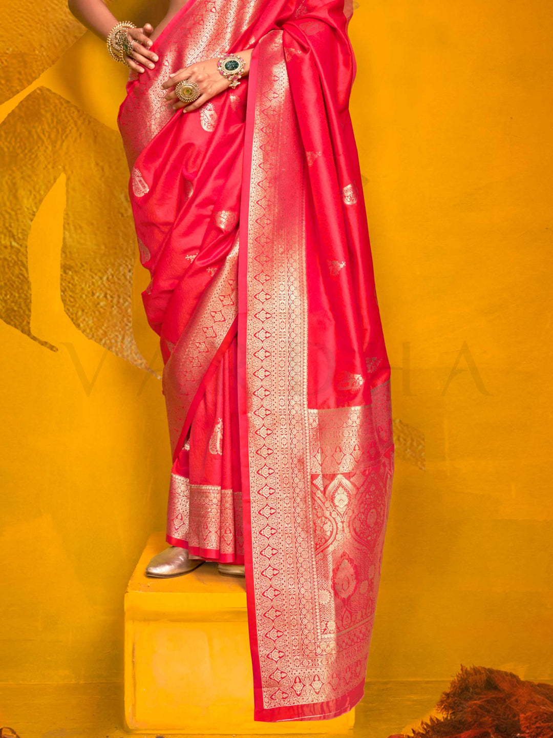 Hot Pink Satin Silk Saree with Woven Zari Work