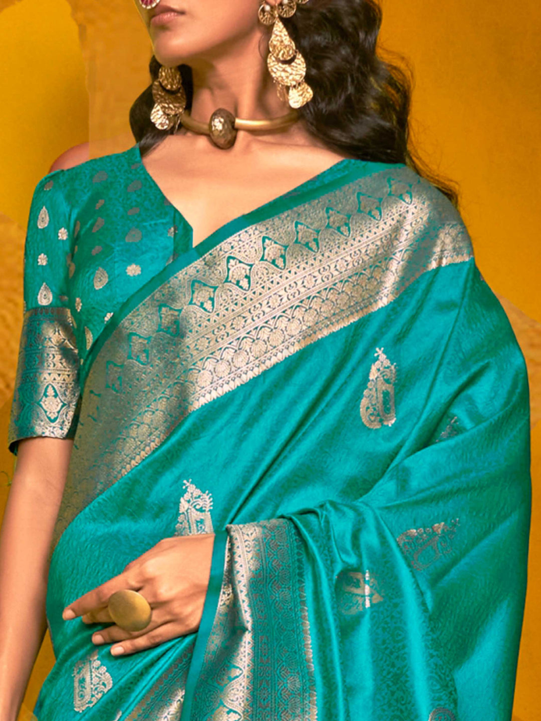 Teal Blue Satin Silk Saree with Woven Zari Work