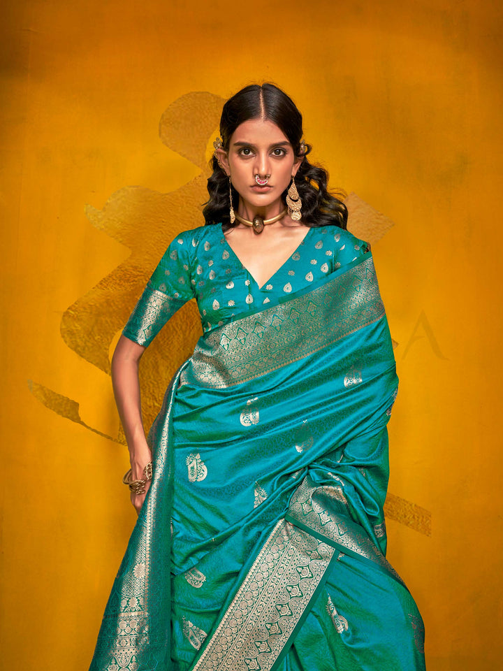 Teal Blue Satin Silk Saree with Woven Zari Work