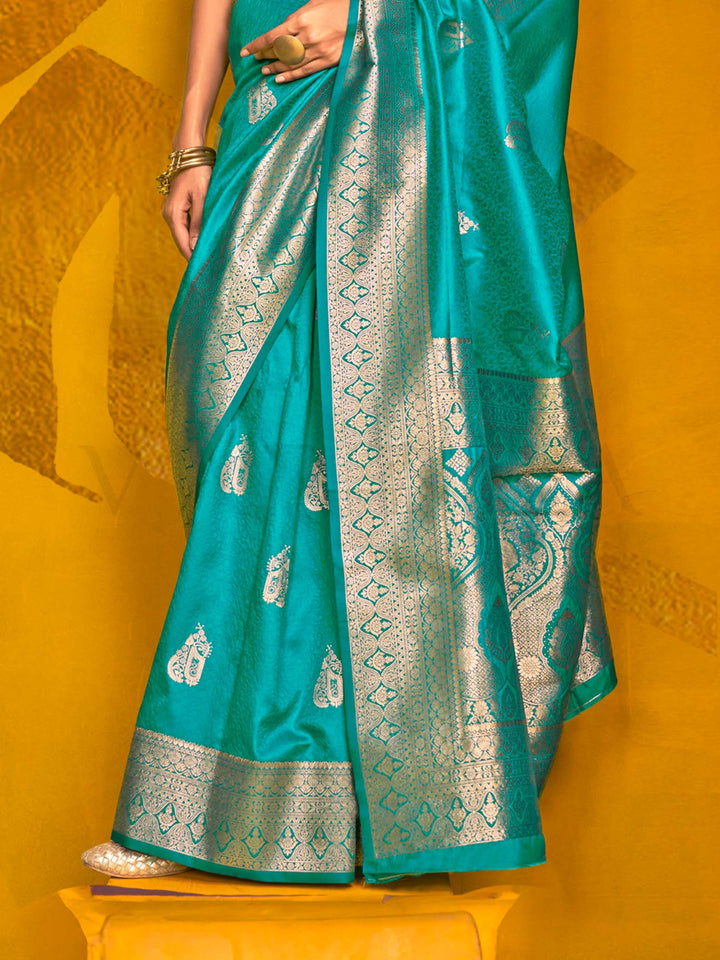 Teal Blue Satin Silk Saree with Woven Zari Work