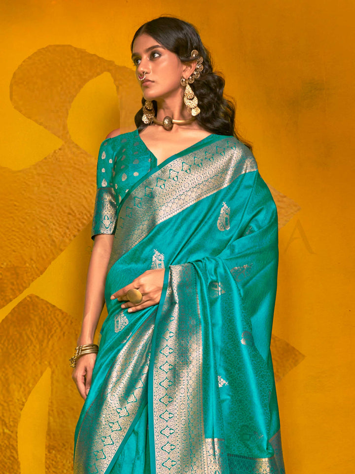 Teal Blue Satin Silk Saree with Woven Zari Work