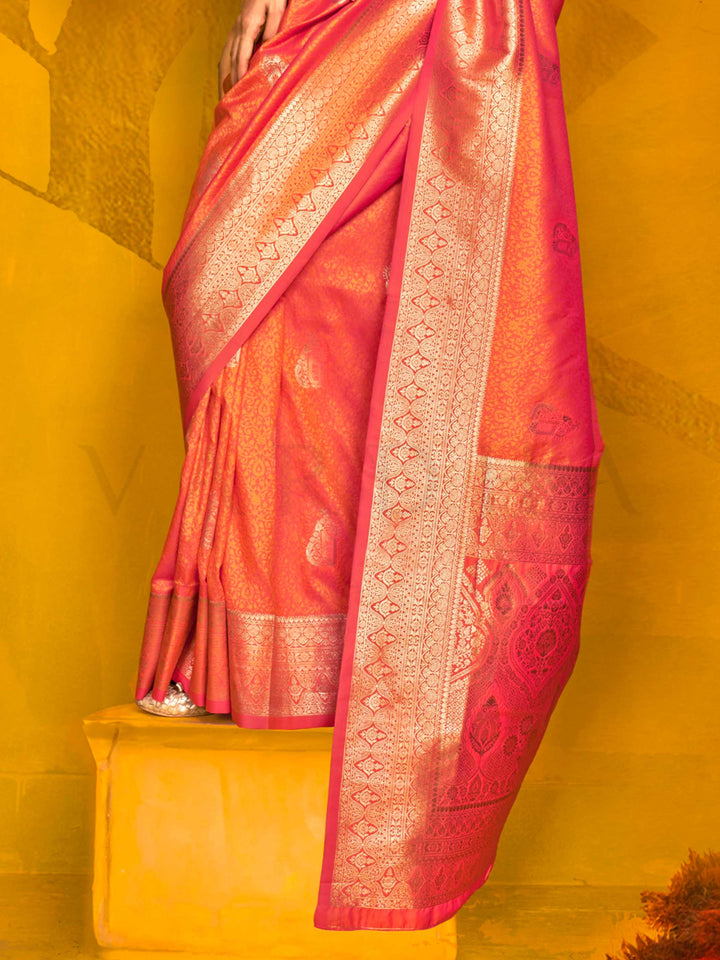Coral Peach Satin Silk Saree with Woven Zari Work