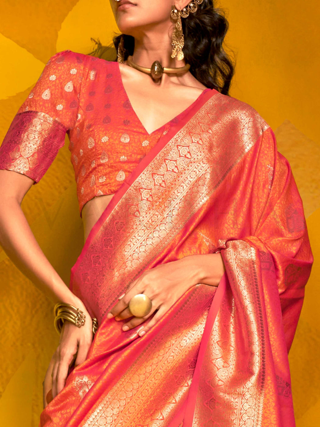 Coral Peach Satin Silk Saree with Woven Zari Work