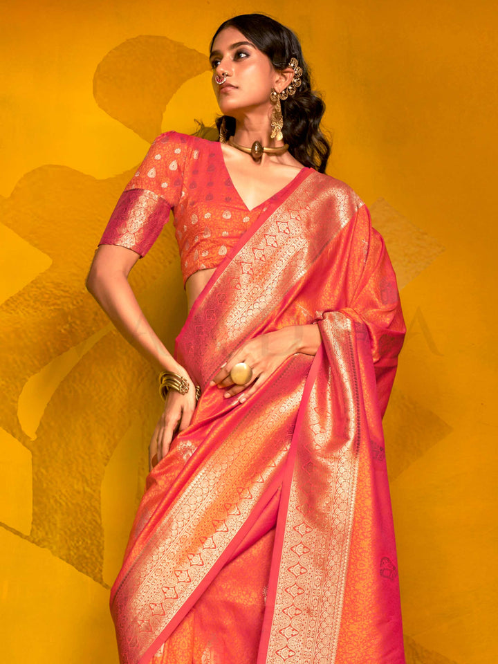 Coral Peach Satin Silk Saree with Woven Zari Work