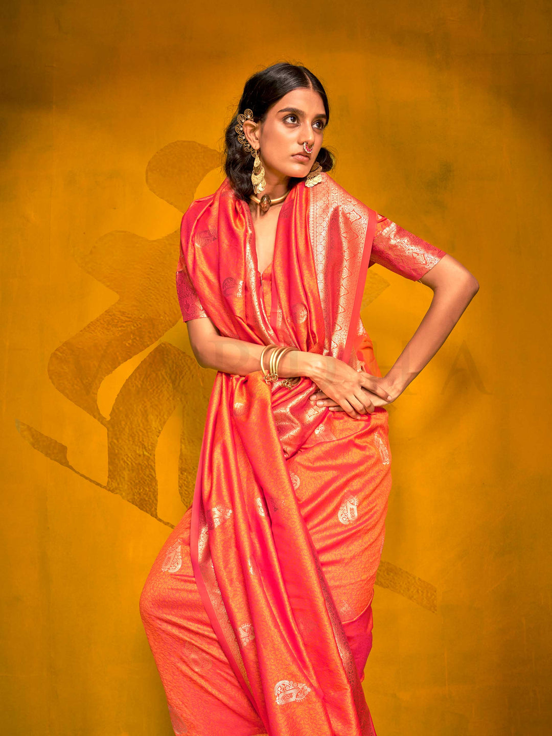 Coral Peach Satin Silk Saree with Woven Zari Work