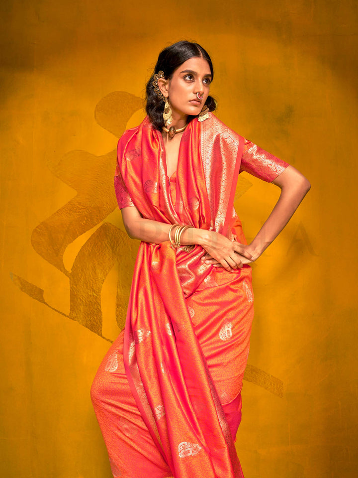 Coral Peach Satin Silk Saree with Woven Zari Work