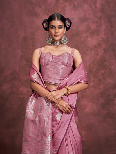 Banarasi Sarees Satin Silk Sarees Pink Reception Looks Wedding Rose Kanthkala Panther Blush Rose Silver Mauve