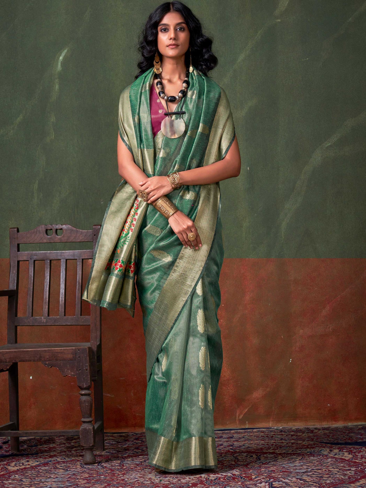 Emerald Green Paithani Banarasi Tissue Silk Saree with Zari Handloom Weave